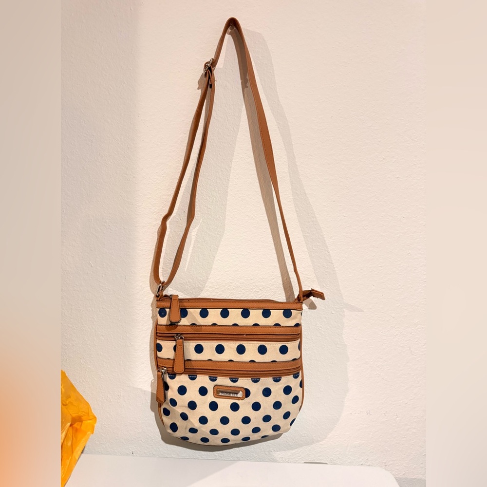 Rosetti Tan and Navy Polka Dot Crossbody Bag
